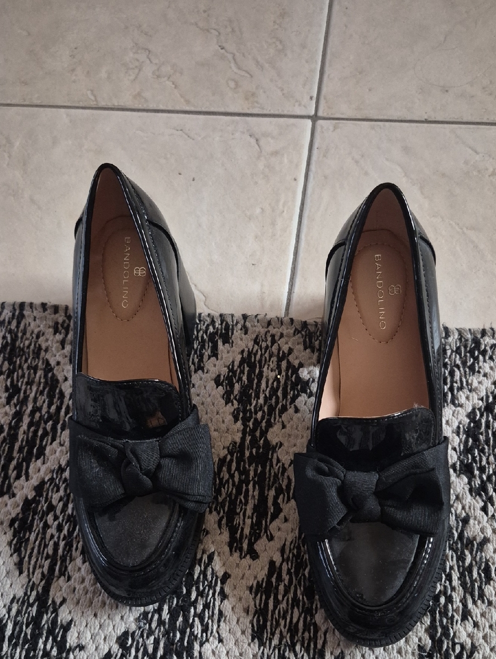 Bandolino Black Patent Loafers with Fabric Bow Accent